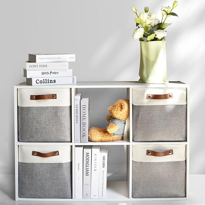 13 Inch Cube Storage Bins,Set of 4, Foldable Storage Basket with PU Handles for Organizing Home, Closet, Laundry, Office, Organizers for Shelves(White/Gray)