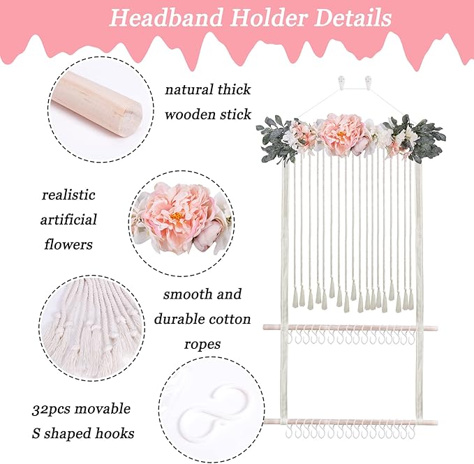 Headband Holder for Girls Hair Bows, Large Capacity Baby Headbands Organizer Storage Hair Clips Hanger Storage Flower Crown Bow Holder Wall Door Hanging Decor for Nursery Room