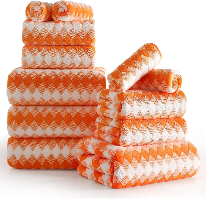12 Pcs Orange White Diamond Towel Set-4 Bath Towels,4 Hand Towels,4 Washcloths Soft Polyester Towels with Loop Absorbent Shower Towel Quick Dry Beach Chair Towel Family Towels for Bathroom Gym Pool