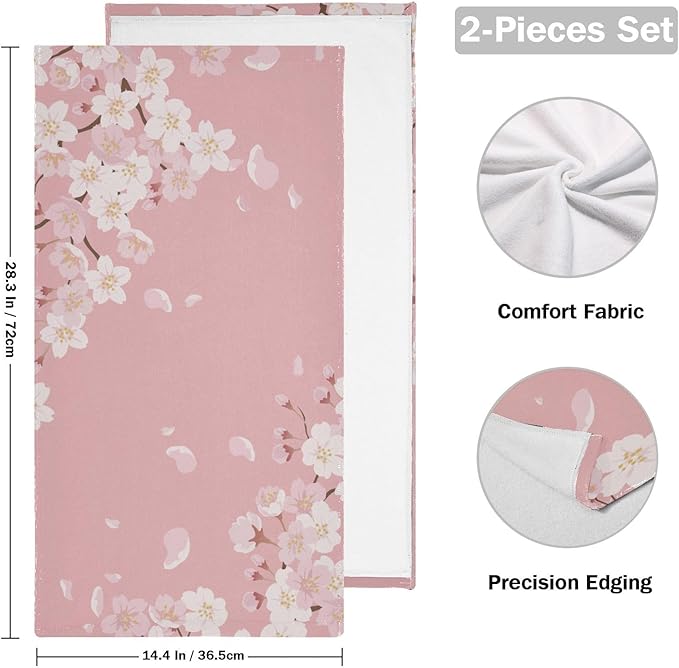 2 Pcs Pink Cherry Blossom Floral Decorative Hand Towels for Bathroom,Soft Absorbent Japanese Flower Aethetic Dish Towels for Kitchen,Quick Dry Guest Bathroom Towels for Face,Shower 14"x28"