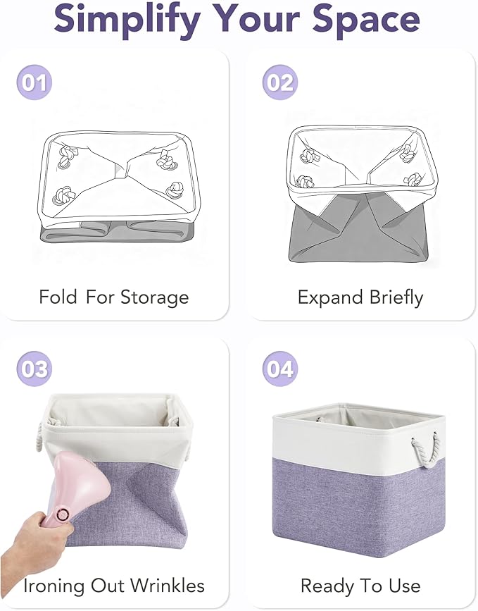 13x15x13 Storage Cube Bins, Heavy Duty Foldable Fabric Storage Bins with Handles and Metal Frame, 6 Pack Large Closet Organizer Bins for Clothes, Socks, Towels, White Purple