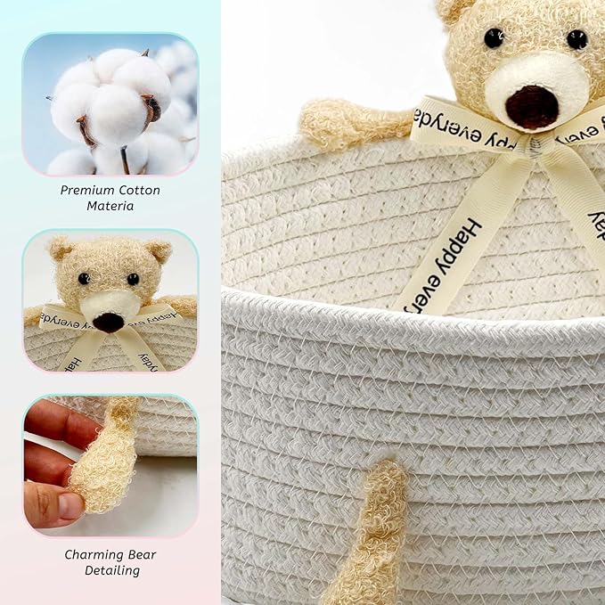 Daily Treasures Bear Empty Woven Basket -Hamper Baskets with Cellophane Bag,Pull Bows & Cards,Cute Cotton Rope Storage Organizer,Birthday Presents,(30x21CM,White Cotton Rope)