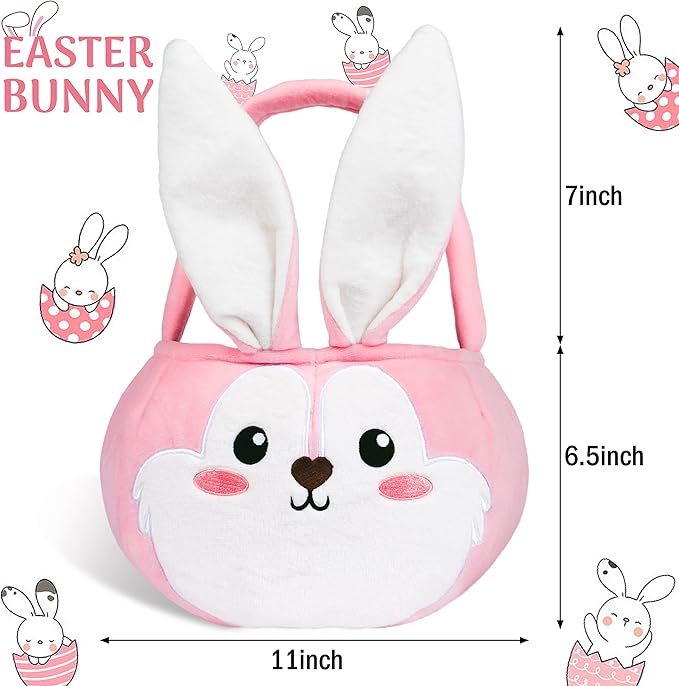 Easter Baskets 3 Pack Cute Empty Bunny Basket with Foldable Ears and Handle for Kids Boy Girl Gift, Easter Decor Set 3 Pink Blue Yellow