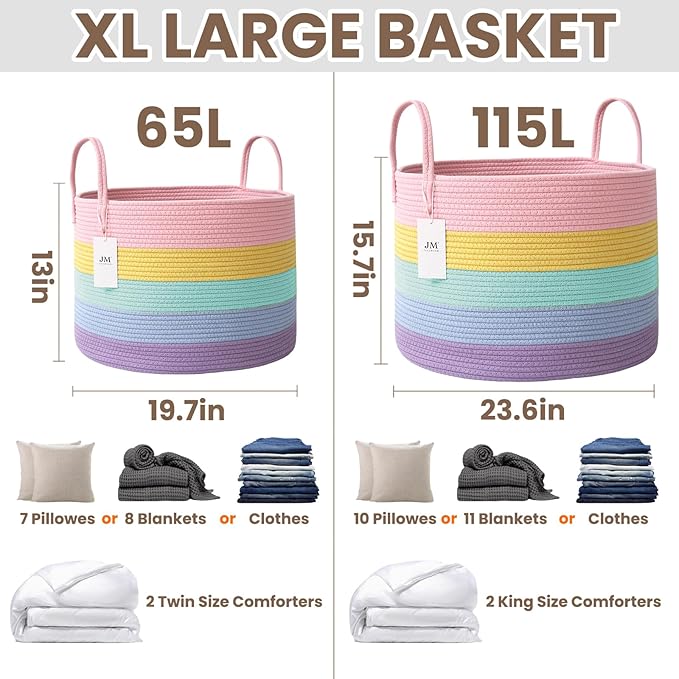 65L Extra Large Blanket Basket for Living Room - Woven Cotton Rope Laundry Hamper with Reinforced Handles - Storage Bin for Pillows, Comforters & Toys - Machine Washable,Rainbow