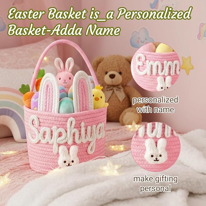 Personalized Easter Basket for Kids with Name - Custom Cute Embroidery Easter Bunny Rope Basket for Boys Girls, Easter Egg Hunt Basket (8 Colors+Rabbit Ear)
