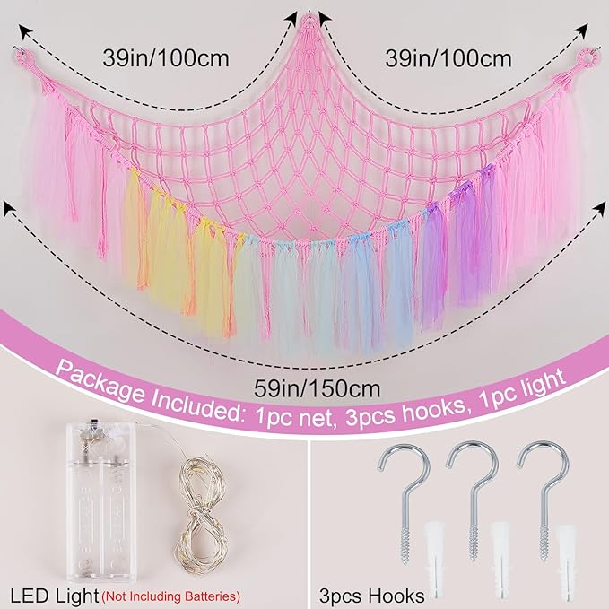 FIOBEE Stuffed Animals Net or Hammock with LED Light, Toy Hammock Hanging Stuffed Animals Storage Organizer Holder Room Décor for Nursery Kids Bedroom
