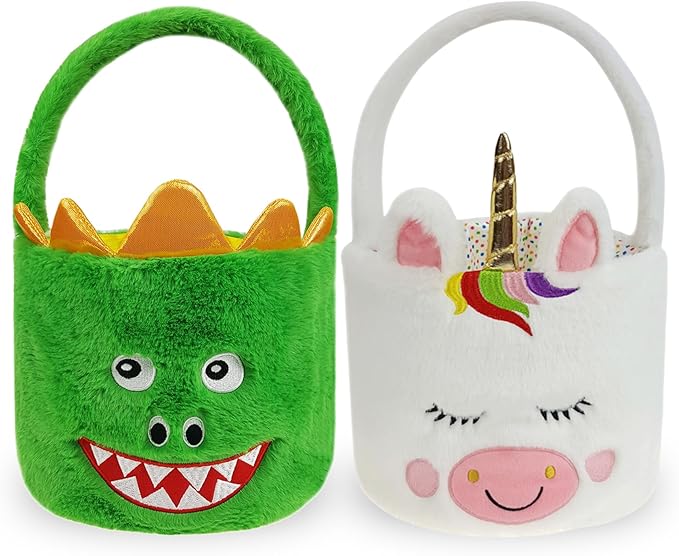 DearSun Set of 2pcs, Easter Basket Adorable Unicorn & Dinosaur Plush Baskets, Easter Egg Hunting Basket for Kids Gifts Party Decoration Supplies, Dia 8" * H 15.7"