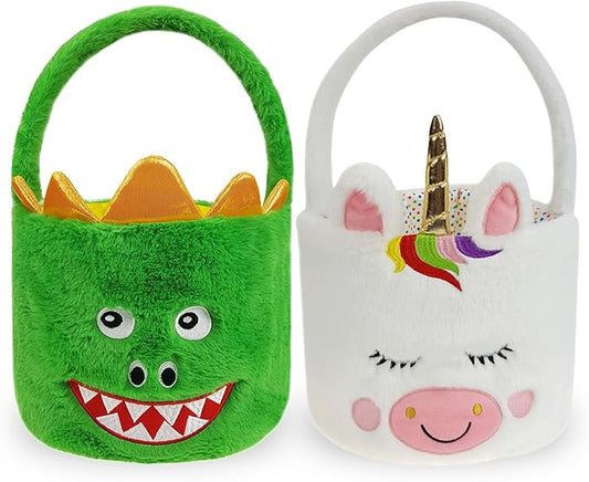 DearSun Set of 2pcs, Easter Basket Adorable Unicorn & Dinosaur Plush Baskets, Easter Egg Hunting Basket for Kids Gifts Party Decoration Supplies, Dia 8" * H 15.7"