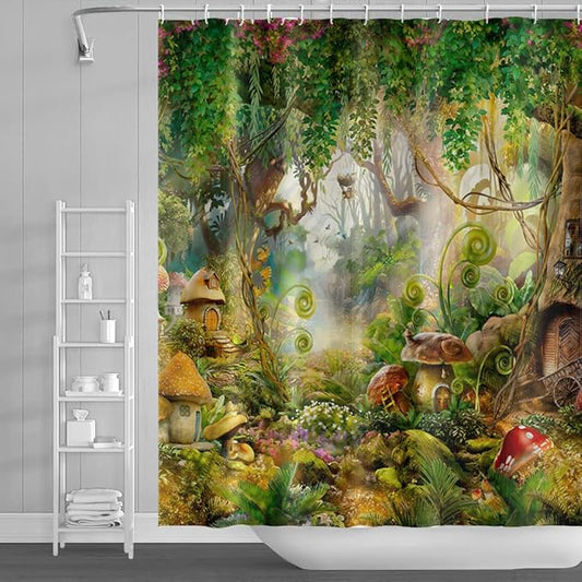 72x78inch Magical Forest Shower Curtain - Lush Trees, Fantastic Woodland Jungle, Cute Funny Mushroom Fairyland Bath for Kids Children Bathroom Decor With Hooks Waterproof