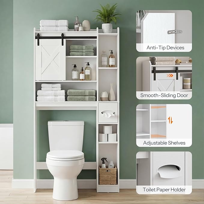 HOOBRO Over The Toilet Storage Cabinet with Sliding Barn Door, Toilet Paper Holder, Farmhouse Storage Cabinet, Wooden Bathroom Organizer, Bathroom, Laundry Room, White WT24TS01