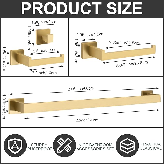 15 Pieces Bathroom Hardware Accessories Set, 23.6 Inch Stainless Steel Bath Towel Bar Set, Bathroom Hardware Set, Towel Racks for Bathroom Wall Mounted(Gold)