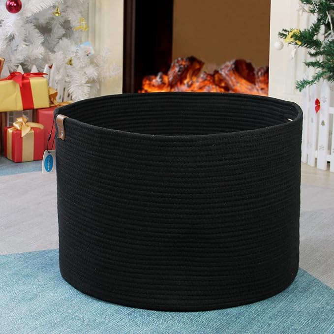 Casaphoria XXXLarge Cotton Rope Basket for Living Room - Woven Storage Basket with Handle for Blankets, Towels and Pillows Laundry Hamper | Dark Black (21" x 21" x 13.8")