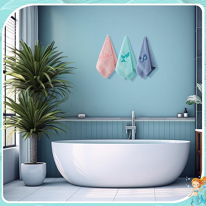 3 Pack Coastal Mermaid Hand Towels for Bathroom 100% Cotton Embroidered Beach Bathroom Towels 13.78 x 29.53 Inch Soft Absorbent(Pink Green Blue, Mermaid)