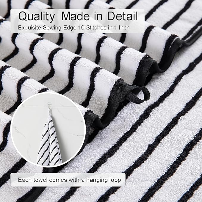 4 Pcs Black White Cabana Stripe Large Bath Towels 35"x70" Oversized Bath Sheet Soft Breathable Jumbo Bathroom Towels Highly Absorbent Shower Towels Quick Dry Beach Chair Towel Spa Gym Hotel Towel Set
