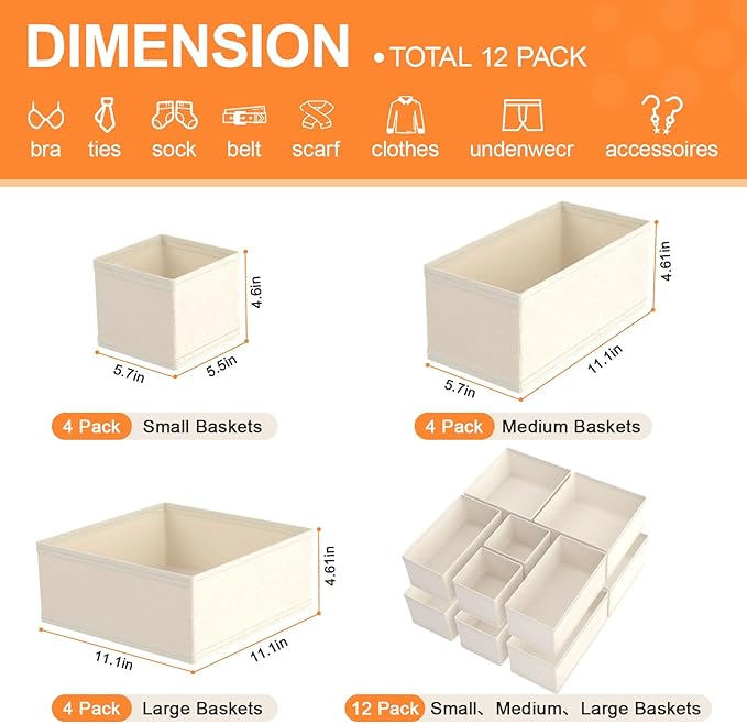 Dorisun Drawer Organizer Clothes 12 Pack, Dresser Closet Organizers For Baby Clothes Underwear, Sock Beige