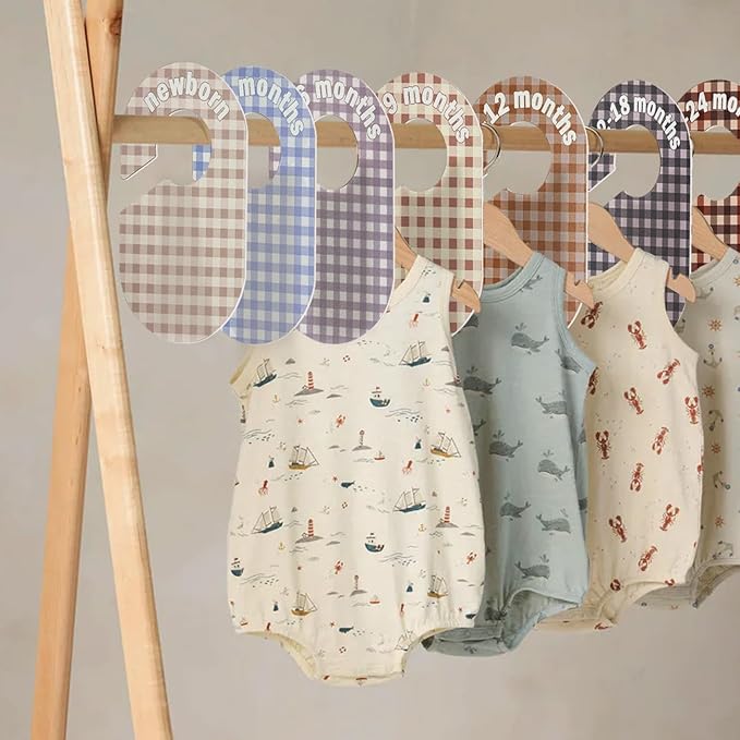 Baby Closet Divider, Baby Wardrobe Organizer, Double-Sided Pastel Gingham Design, Nursery Decor Clothes Hanger Dividers for Sorting 8 Sizes from Newborn to 12+ Months