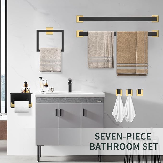 7-Piece Bathroom Set - Black & Gold Accessories Set - Square Towel Bar 2x23'', Hand Towel Rack, Toilet Paper Holder, 3x Towel Hook, Bathroom Hardware