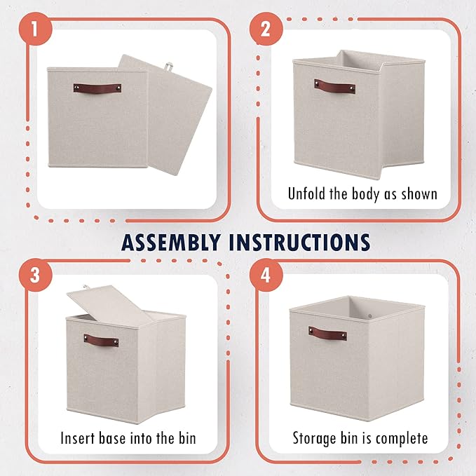Ornavo Home 13 x 13 Storage Cube Bins, Foldable Collapsible Fabric Storage Bins Box Linen Shelf Basket Cube Organizer for Closet with Leather Handles, 6 Pack, Beige