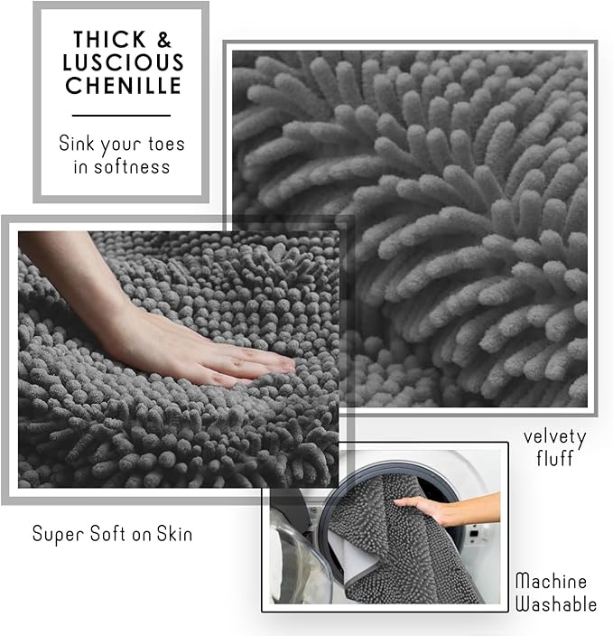 Hearth & Harbor Bathroom Rugs, Chenille Bath Mat - Machine Washable Bath Mats for Bathroom Non-Slip Backing Rubber, Quick Dry Bathroom Mat - Grey Bath Rug, 17x24