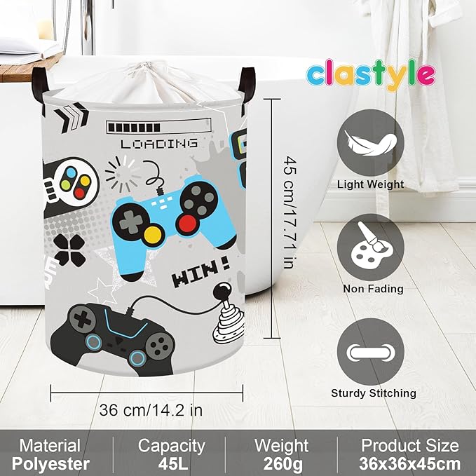 Clastyle Cool Game Storage Basket Kid Game Controller Clothes Laundry Hamper Collapsible Boy Toy Box for Nursery Palyroom,Gray,36 * 45 cm