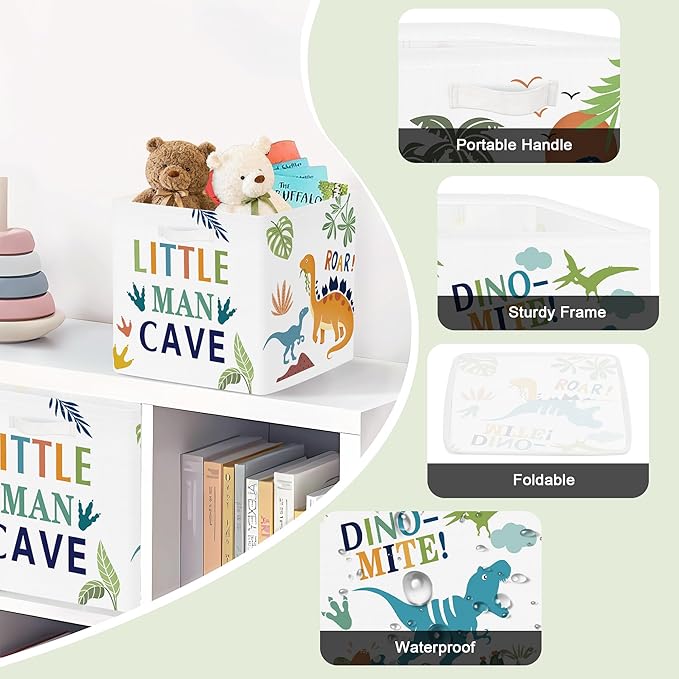 Clastyle 3 pcs Dinosaur Cube Storage Unit Boxes Volcano Kallax Box for Shelves Parents Storage Baskets for Book Clothes Toy Organizer, Palms, 11.8x11.8x11.8 in