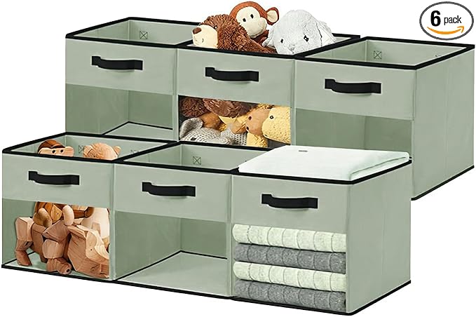 DECOMOMO Storage Bins, Cube Storage Bin with Window, Fabric Storage Cubes for Shelves (11" / 6pcs, Green)