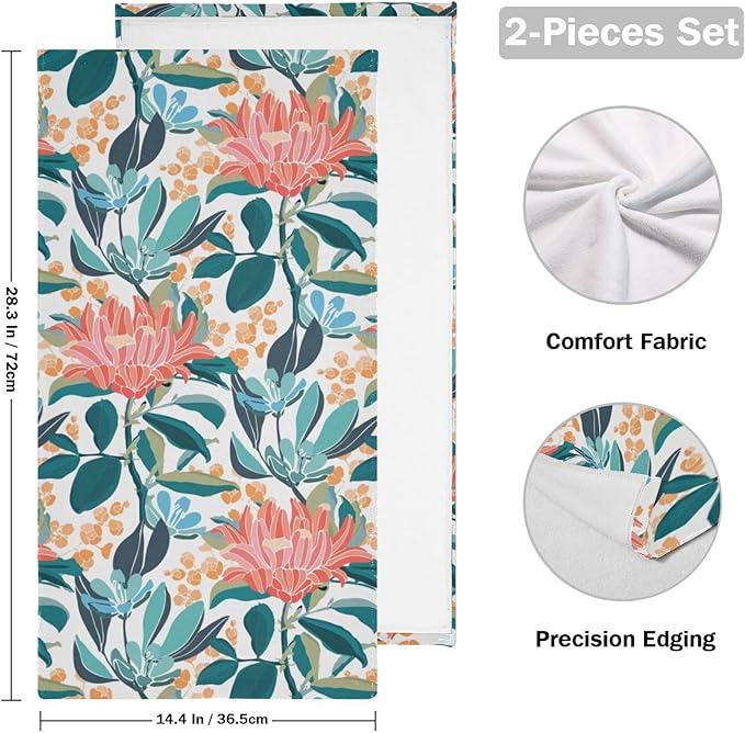 2 Pcs Teal Orange Boho Floral Hand Towels for Bathroom,Soft Absorbent Turquoise Blue Leave Coral Flower Dish Towels for Kitchen,Quick Dry Decorative Bathroom Towels for Face,Shower 14"x28"