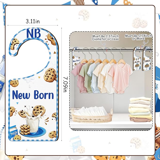 Baby Closet Dividers 8PCS, Milk and Cookies Themed Wooden Double-Sided Clothes Size Hanger/Organizer from Newborn to Toddler for Nursery Decor Baby Shower Birthday Gender Reveal Party Gift