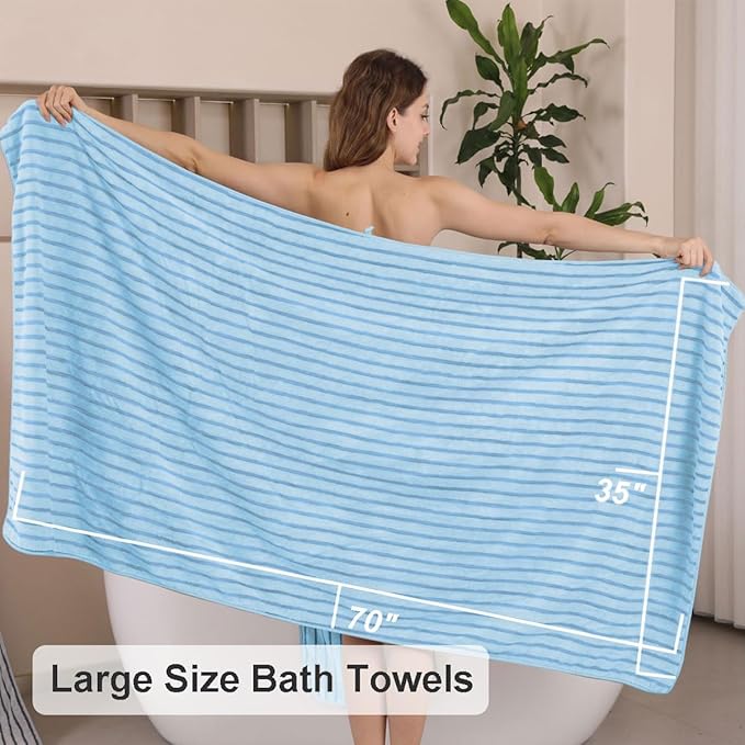 8 Pcs Blue Cabana Stripe Bath Sheet Set Oversized Bath Towel-2 Bathroom Sheets,2 Hand Towels,4 Washcloths Soft Jumbo Towels Absorbent Shower Towel Quick Dry Beach Chair Towel Spa Gym Hotel Towels