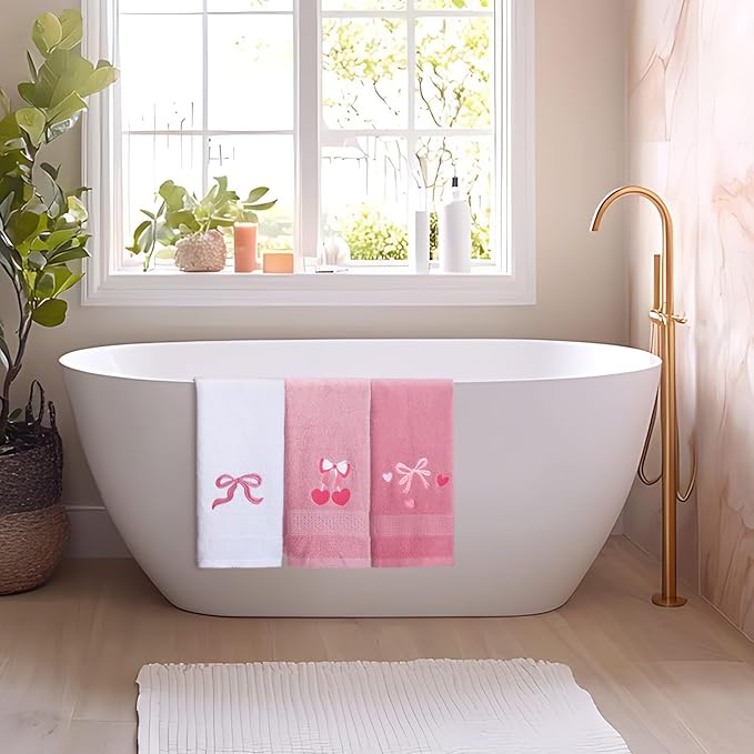 3 Pcs Bow Heart Hand Towels for Bathroom Embroidered Bathroom Towels Farmhouse Decorative 13.78 x 29.53 Inch Absorbent Soft Cotton for Kitchen Dish Fast Drying Decor