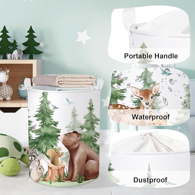 Forest Animals Baby Laundry Hamper Collapsible Clothes Kids Storage Basket Bear Fox Large Boys Girls Gift Toy Box Bin for Nursery, Deer, 63L