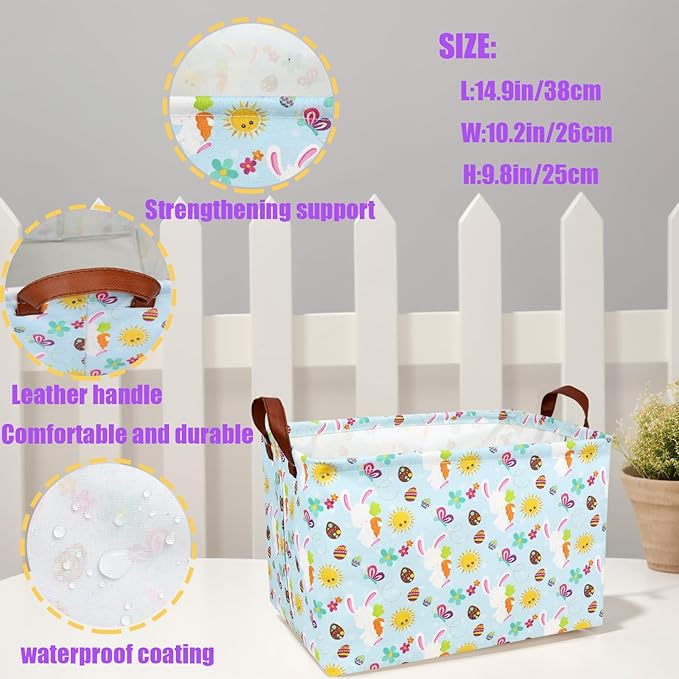 Easter Basket for Kid Large Empty Rectangular Cute Easter Gift Storage Basket Bunny Eggs Décor (Rabbit Butterfly Sun)