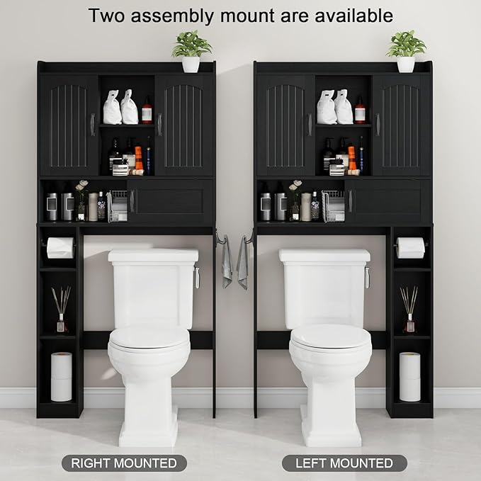 Vabches Farmhouse Over The Toilet Storage Cabinet with 2 Barn Doors & Sliding Door, Over The Toilet Bathroom Organizer with Open Storage Layer and Adjustable Shelves & Hooks.Black