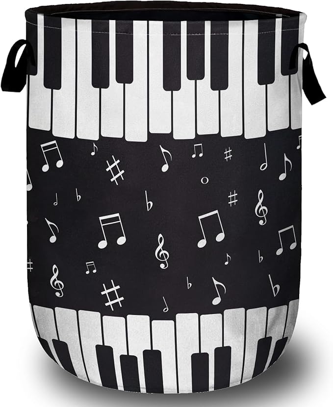 Piano Keyboard Laundry Basket with Sturdy Handles, Music Note Collapsible Oxford Cloth Laundry Hamper Organizer Basket for Bathroom Bedroom 15.7x20 Inch