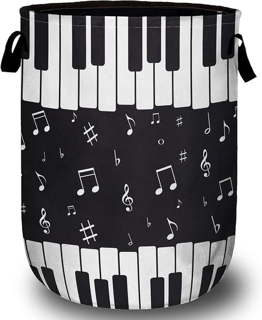 Piano Keyboard Laundry Basket with Sturdy Handles, Music Note Collapsible Oxford Cloth Laundry Hamper Organizer Basket for Bathroom Bedroom 15.7x20 Inch