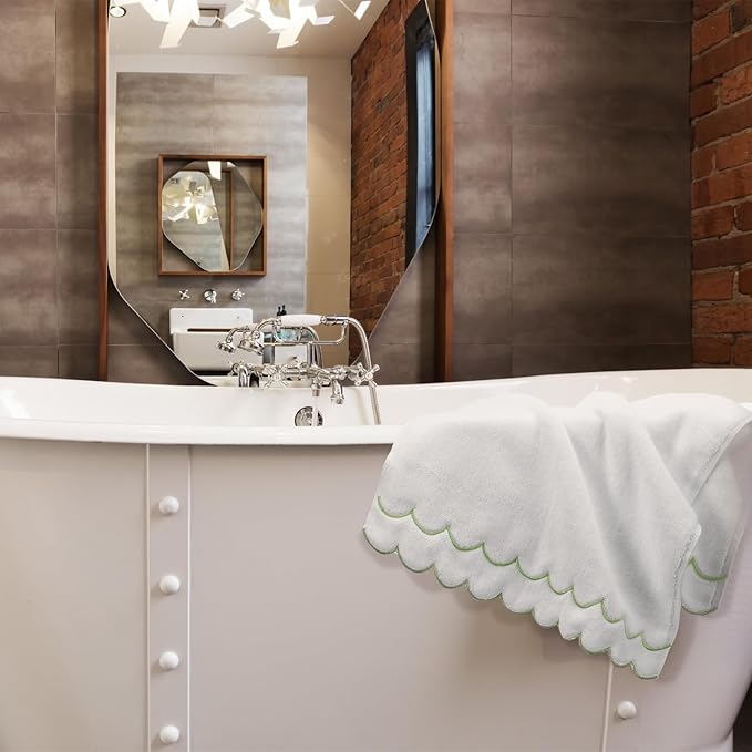 2 Pcs Scalloped Hand Towels 100% Cotton Fingertip Towels for Bathroom 15.75 x 27.56 Inch 600 GSM Cute Soft Absorbent Embroidered Decorative for Home Hotel(Sage Green,Classic)