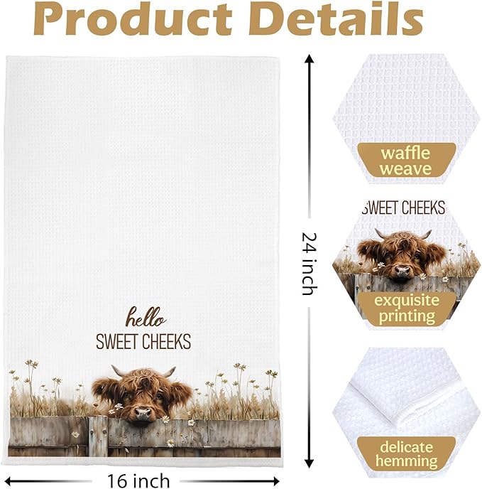 Hello Sweet Cheeks Highland Cow Bathroom Hand Towels 16x24 Inch, Farmhouse Highland Cow Kitchen Dish Towels Drying Cloth, Farmhouse Bathroom Kitchen Decor