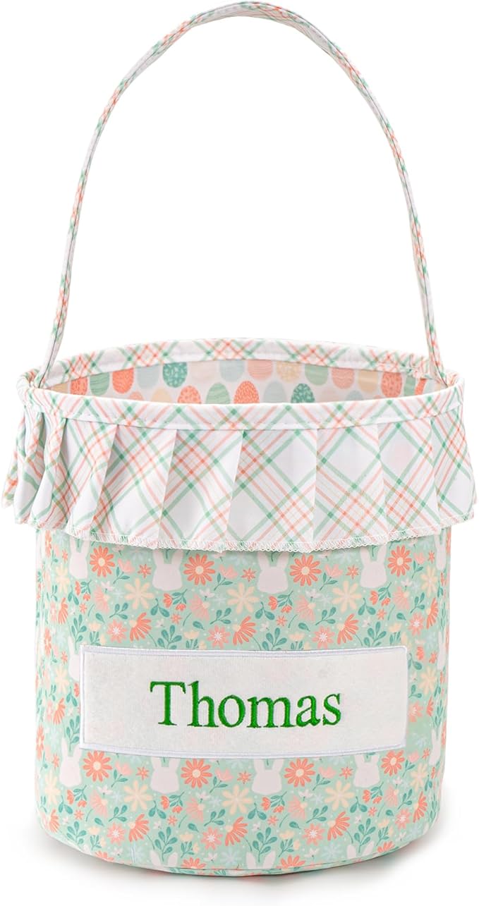 MT WORLD Toddler Easter Bunny Basket Personalized Easter Egg Bucket for Kids with Name Rabbit Ruffle Bucket Tote for Baby Boys Girls Easter Egg Hunts Decorations Candy Gifts Storage (Green Flower)