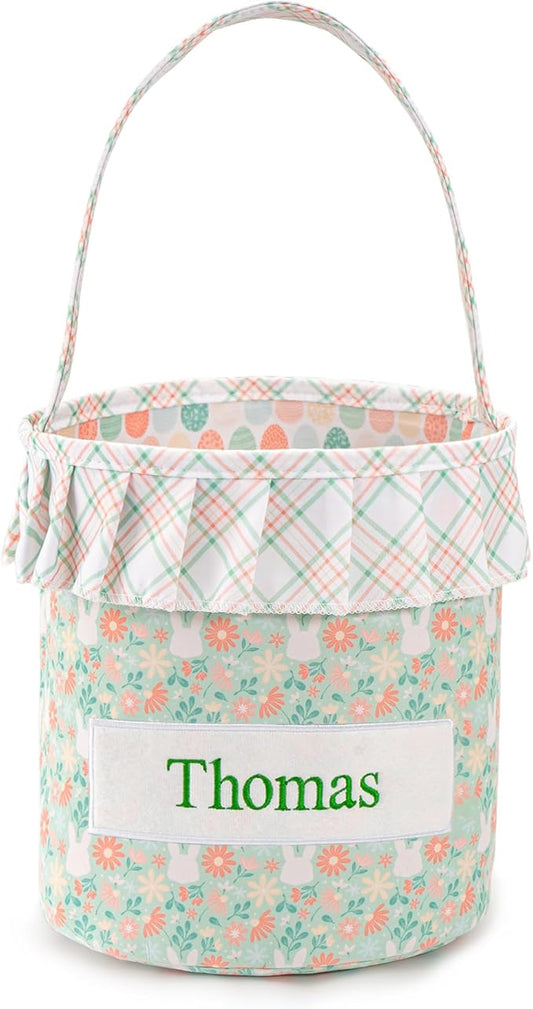 MT WORLD Toddler Easter Bunny Basket Personalized Easter Egg Bucket for Kids with Name Rabbit Ruffle Bucket Tote for Baby Boys Girls Easter Egg Hunts Decorations Candy Gifts Storage (Green Flower)