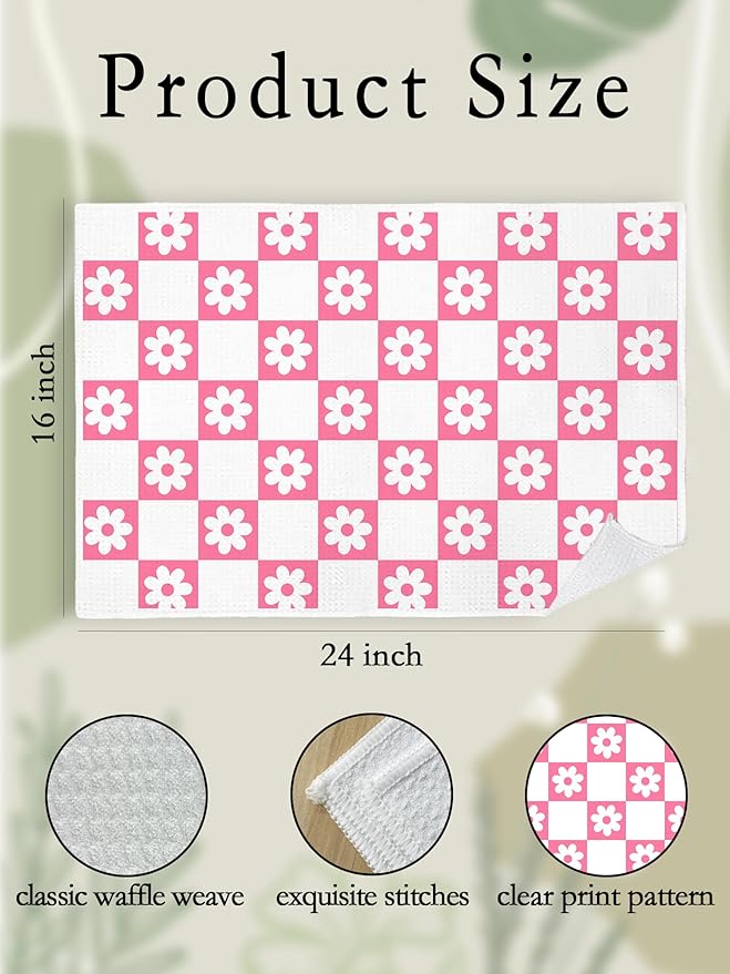 2 Pack Pink Checkered Floral Hand Towels for Bathroom - Cute Colorful Daisy Dish Tea Towels for Kitchen, Cottagecore Decorative Hand Towels for Guest Bathroom, Housewarming Gift Idea 309