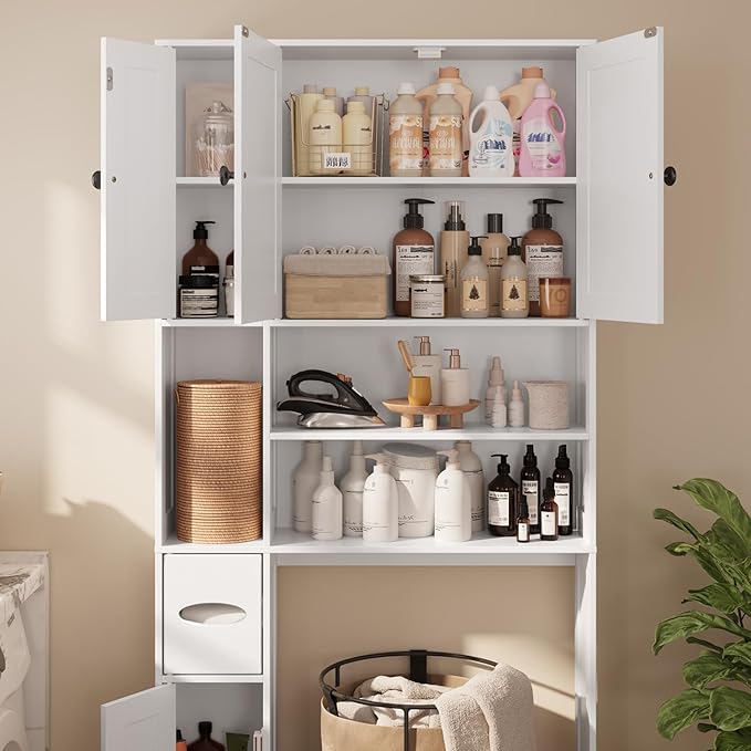 Ahomly Over The Toilet Storage Cabinet with Adjustable Shelves and Five Doors, Over Toilet Bathroom Organizer, Above Toilet Storage Cabinet with Open Shelves for Bathroom, Restroom, Laundry, White