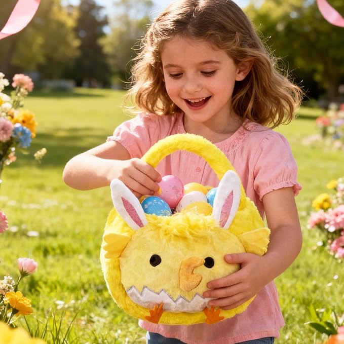 2026 chick Plush Baskets Easter Basket, Easter Egg Hunt Buckets, Easter Decorations Indoor Outdoor, Cute Easter Gifts for Kids, Adults, Teens, Toddlers, Girls