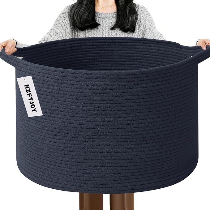 115L Large Blanket Basket,23.6" L x 23.6" W x 15.7" H Rope Woven Baskets with Handles, Toys Storage Bins,Laundry Basket Perfect for Living Room, Nursery,Bedroom,Home Organization,Dark Blue