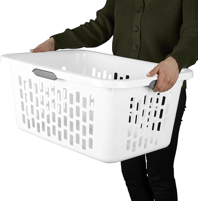 Large Plastic Laundry Basket with 4 Comfort Grip Handles, 2 Bushel Capacity, White