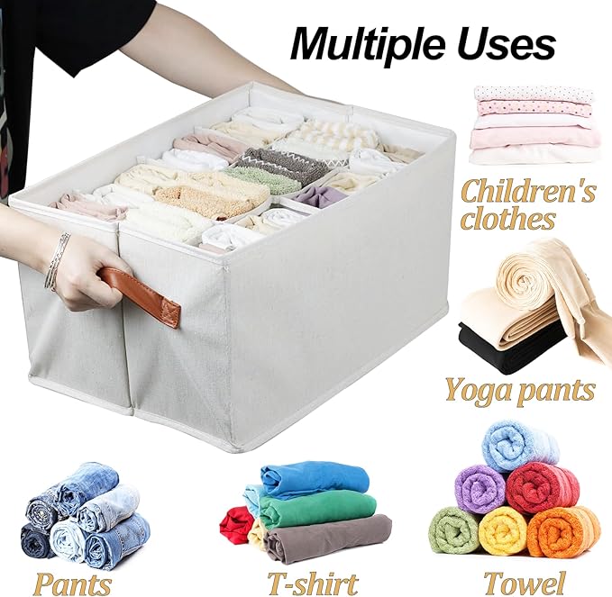 2 Pcs Closet Organizers and Storage Bins for Clothing, 12 Cell Closet Clothes Organizer for Leggings Yoga Pants T-shirts Thin Jeans Clothes, Clothing Storage Bin Container with Sturdy Handles