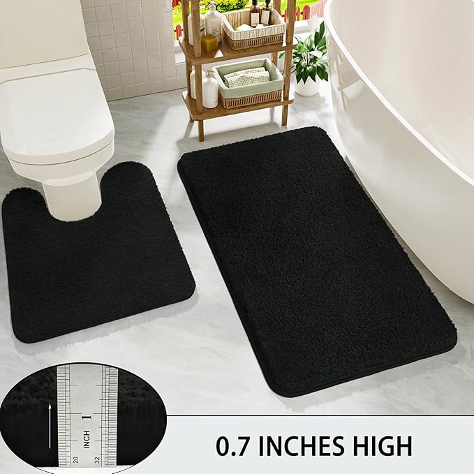 HOMORE Black Bathroom Rug Set 2 Piece,Soft Absorbent Bath Mats Set,Machine Washable Bath Rug Sets for Bathroom Non Slip,(21"x34"+21"x21") Plush Shaggy U Shape Contour Toilet