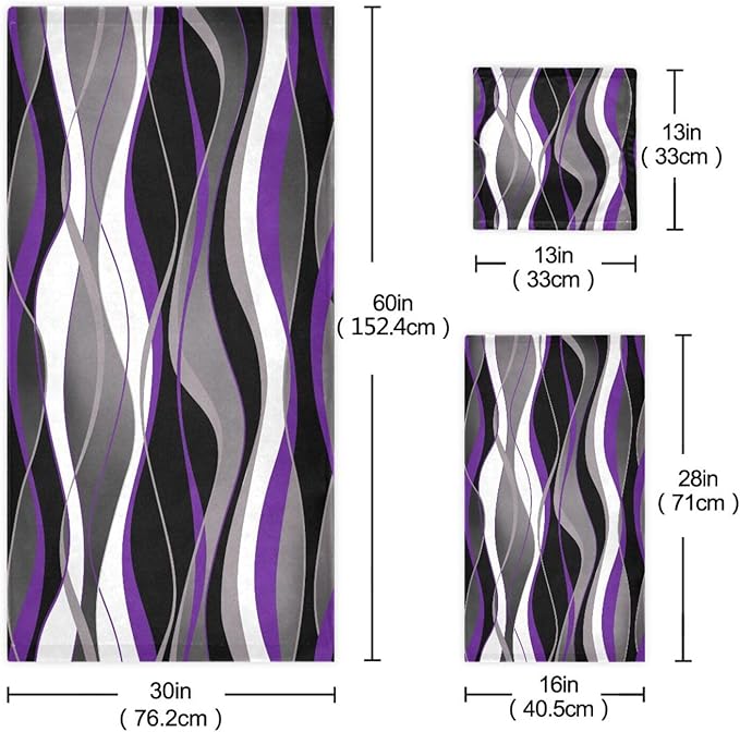3 Piece Purple Grey Bath Towels Set,Microfiber Absorbent Black White Gray Striped Modern Abstract Towels for Bathroom,1 Bath Towel,1 Hand Towel,1 Washcloth,Purple Decorative Bathroom Towels