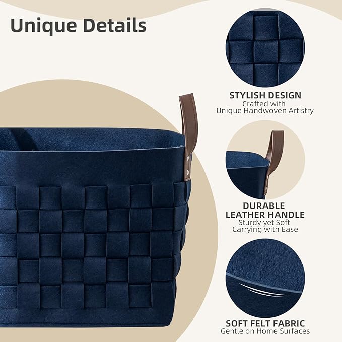 BOLDMONKEY Blankets Baskets 15" x13 " x11 " 2 Pack, Large Rectangular Toys Baskets with Leather Handle, Soft Baby Nursery Basket for Storage-Navy Blue