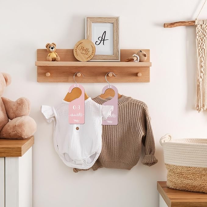Whaline 7Pcs Boho Wooden Baby Closet Size Dividers with Pink Velvet Bag Newborn to 24 Month Thicken Infant Wardrobe Hanger Organizers for Home Nursery Party Gift Supplies