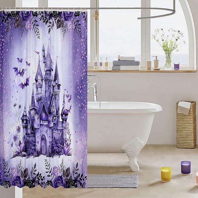 Gothic Purple Flower Plant Waterproof Bath Curtains with 12 Hooks Suits for Bathtub,Purple Castle Bat Shower Curtains,Kids Halloween Theme Bathroom Curtains,78 Inch Long